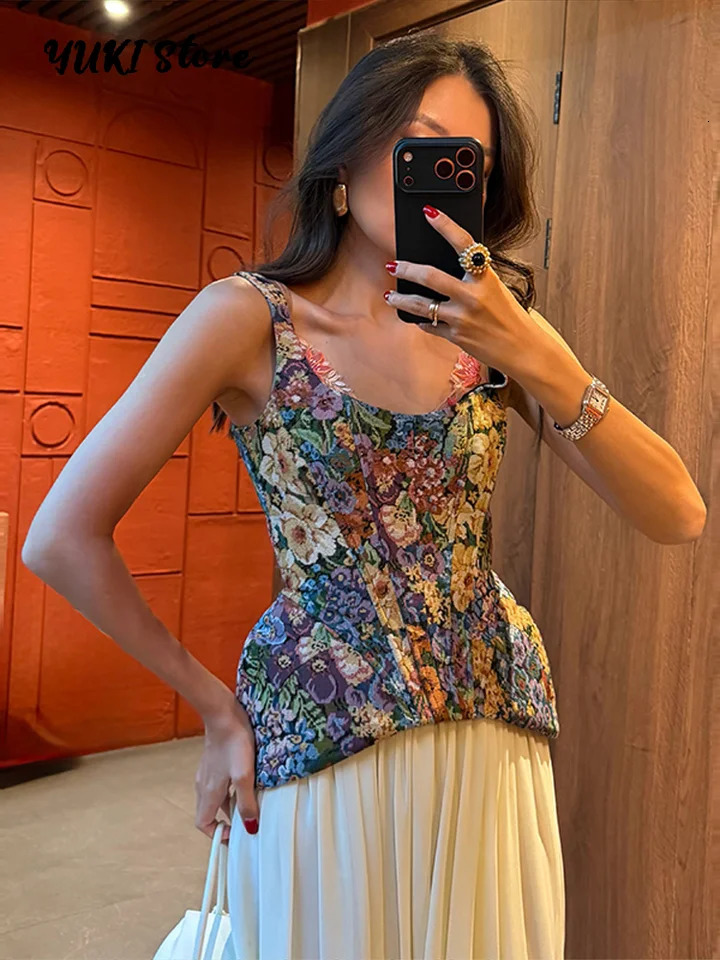 Floral Printed Waist Cinched Womens Corset Chic Sleeveless Backless Zipper Slim Tank Top 2026 Summer Fashion Elegant Lady Tops 261017