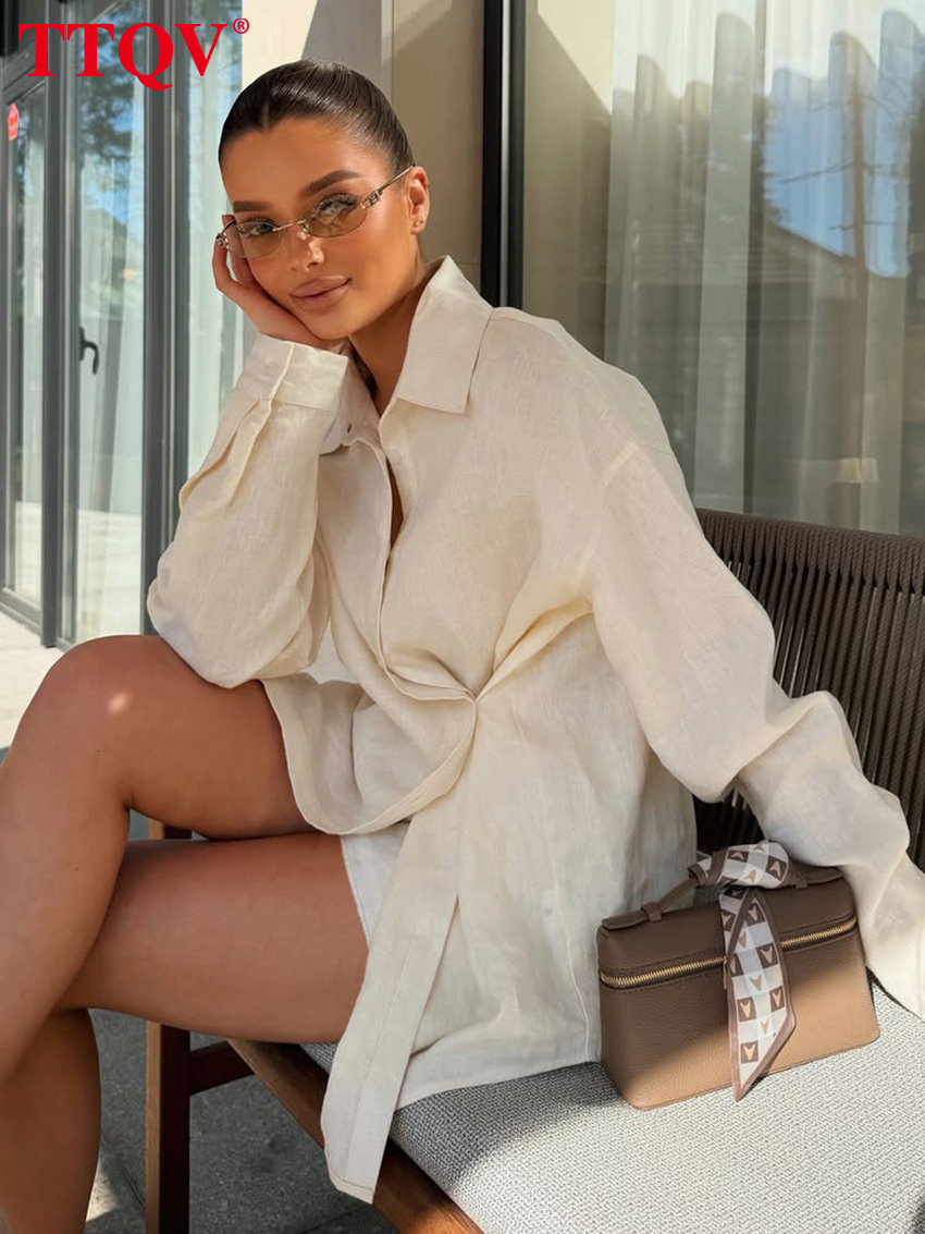 2026 Fashion Loose Beige Cotton Women's 2-Piece Sets 2027 Elegant Long Sleeve Shirt With High Waist Shorts Set Female Clothing