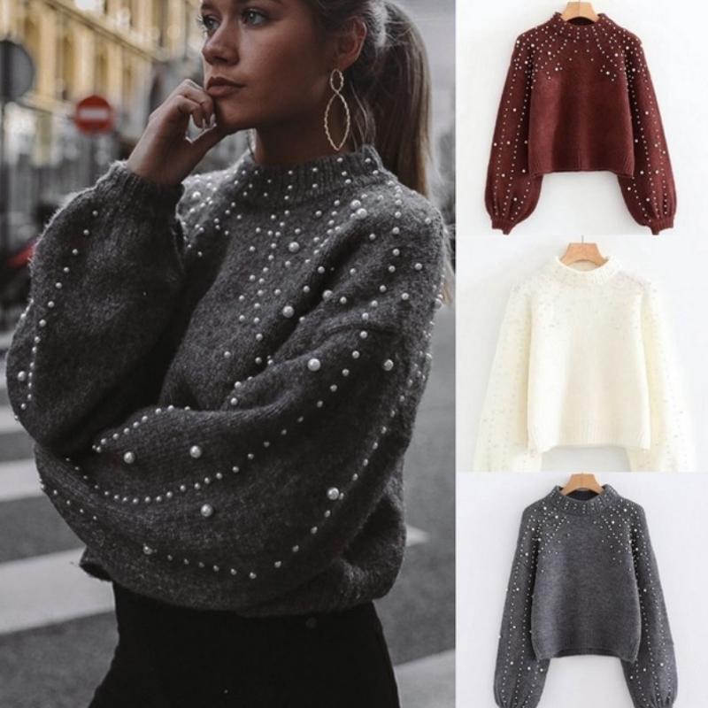 Designer Women's Crew Neck Knit Sweater Long Lantern Sleeve Loose Fit Solid Color Pullover Fall Winter Casual Commuter Top