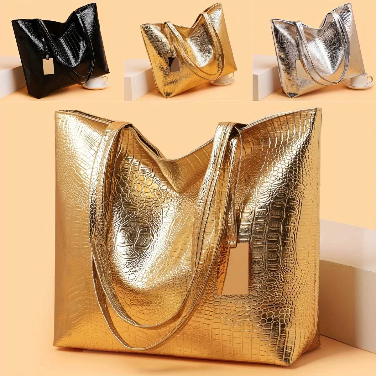 Shoulder Bags Vintage Women's Tote Bag Large Capacity Handbag Shoulder Bag with Zipper Closure Metallic Finish Handbags for Work Parties H26101