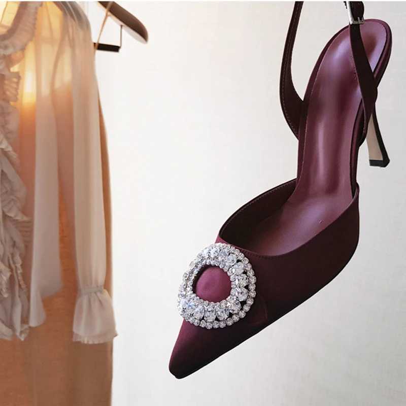 High Heels 2023 New All-match Satin Wine Red Sexy Stiletto Rhinestone Pointed Toe Shoe Women Sandals Q261015