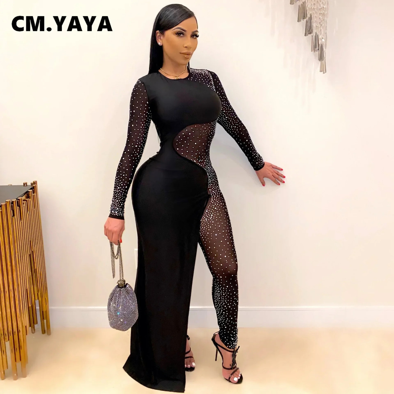 CM.YAYA Rhinestones Mesh See Though Dress Style Jumpsuit Women Sexy Club Partywear One Piece Overall Rompers Fall winter 261015