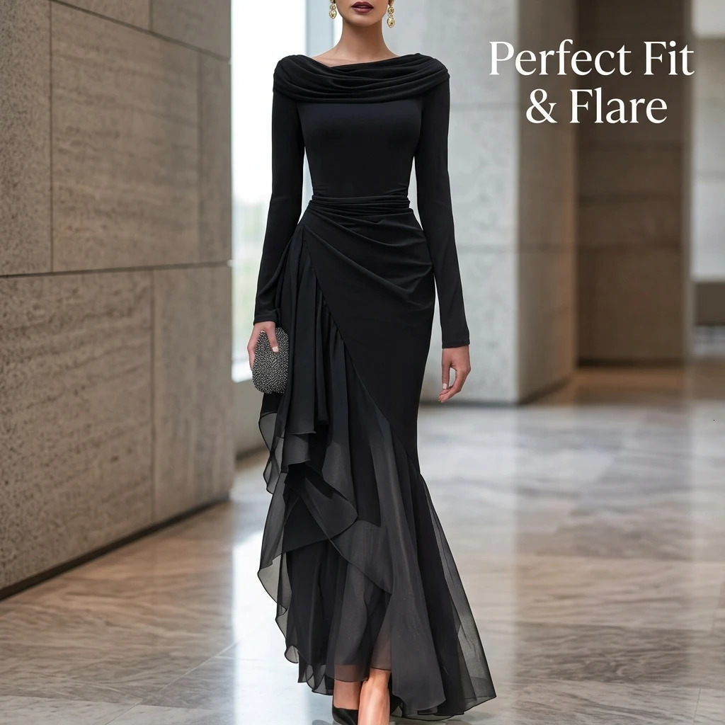 Evening Dress Cowl Neck Long Sleeve Ruched Mesh Ruffle Irregular Fishtail Mermaid Maxi Gown 261015