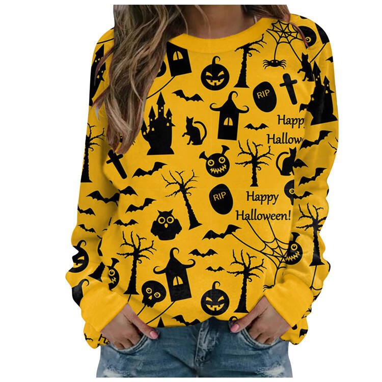 2026 European And American Women's Halloween Cute Pumpkin Candy Print Round Neck Sweatshirt, Loose Fit, Plus Size, Long Sleeve Free Shipping