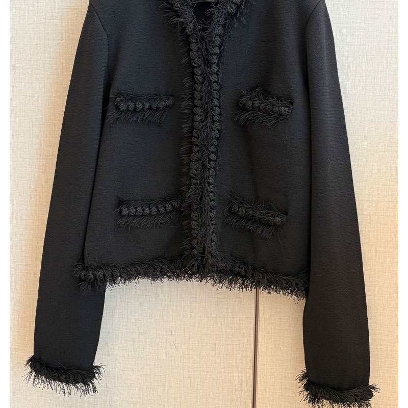 Ladies Black Hand-Woven Chunky Trim Jacket, Designer Luxury Classic V-Neck Frayed Edge Loose Coat, Long Sleeve Breathable Soft High-End Outerwear Fo