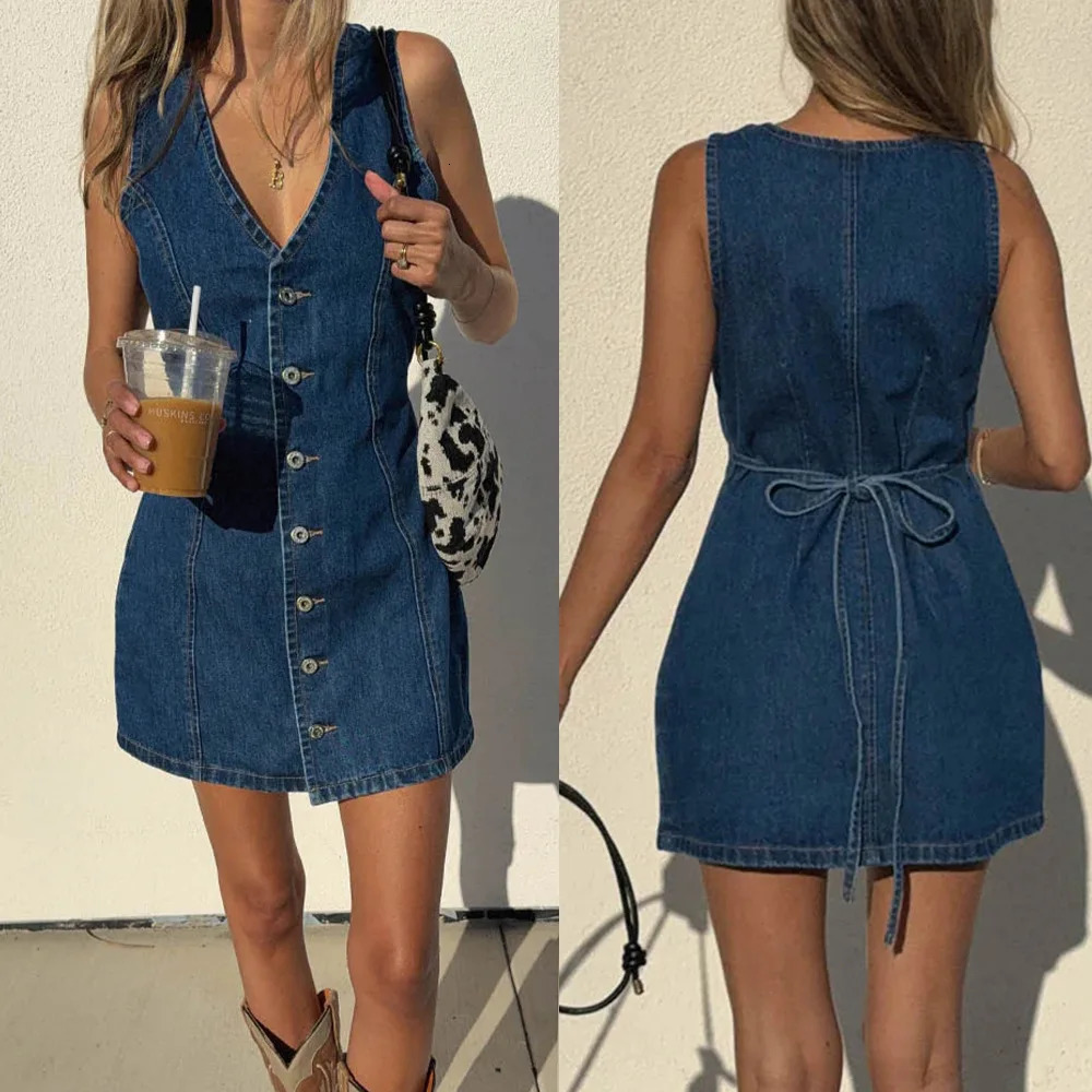 Denim Dres Mid Length Dresses Vest Vestidos Y2k Streetwear Elegant Splice Party Night Work V Neck Sleeveless Tight Waist 261015
