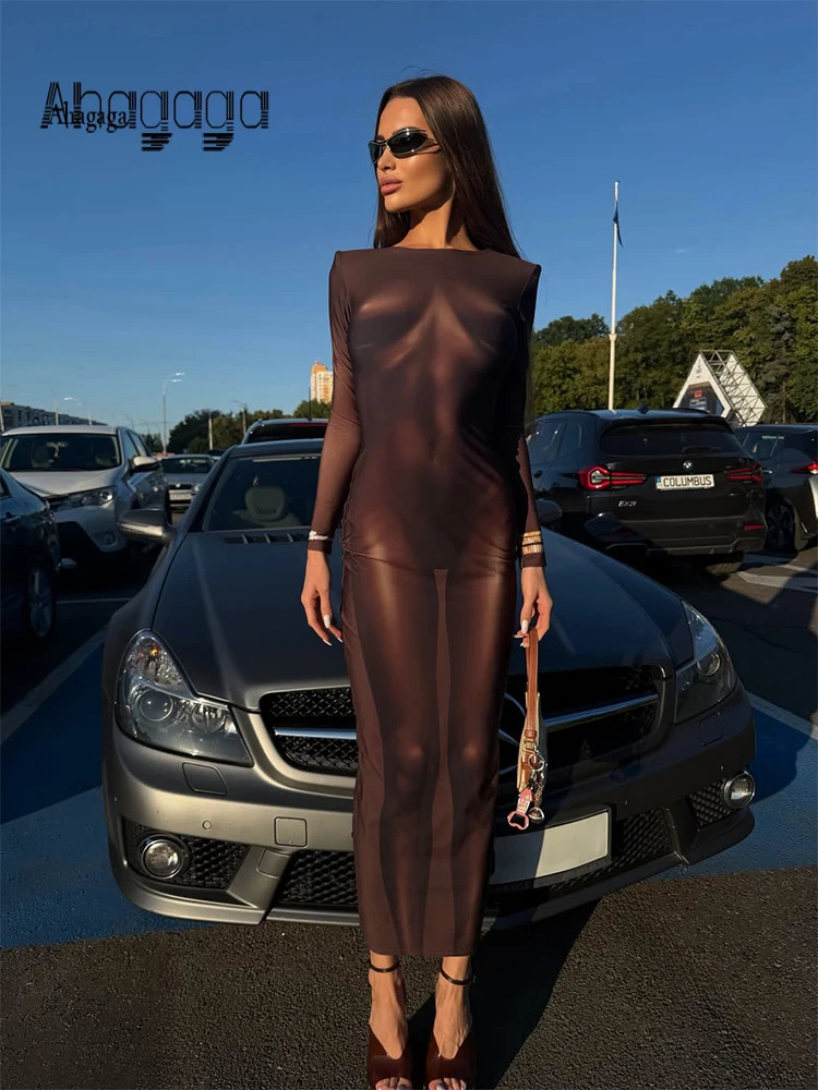 Ahagaga Women's Dress Print O Neck Long Sleeve Bodycon Hip Wrap Sheath Slim Fit Sexy Club Party Female Streetwear Long Vestidos 261015