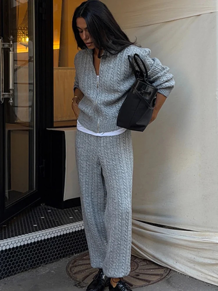Fashion Solid Knitted Women's Set Zip Lapel Long Sleeved Cardigan High Waist Pant Loose Chic 2026 Autumn Winter Daily Wear 261015