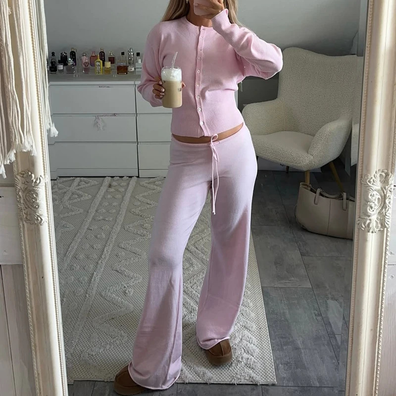 Women Loungewear 2 Piece Pants Set Button Up Long Sleeve Crop Cardigans Sweater Low Waist Knitted Trousers Fall Winter Outfits 261016