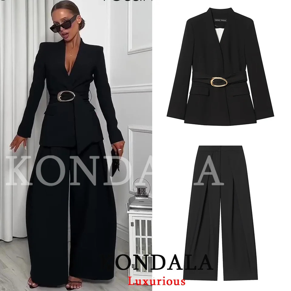KONDALA Vintage Office Lady Suit Black Solid VNeck Belt Pockets Blazer Loose Zipper Pants Fashion 2026 Casual Female Sets 261013