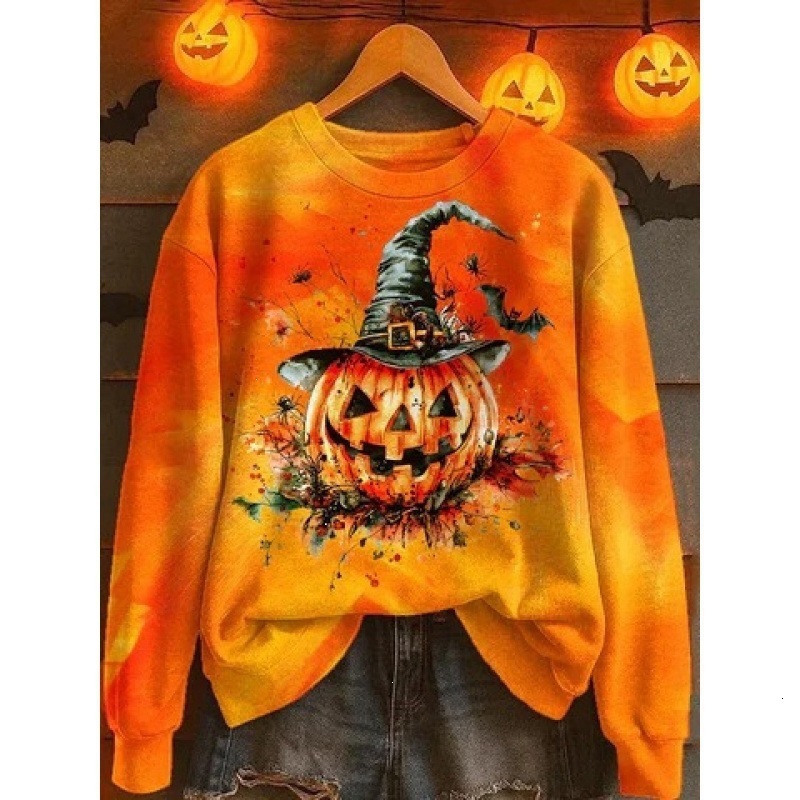 2026 US & Eu. Women's Spring/Autumn Casual Fashion Halloween Funny Print Crew Neck Sweatshirt Lightweight Free Shipping
