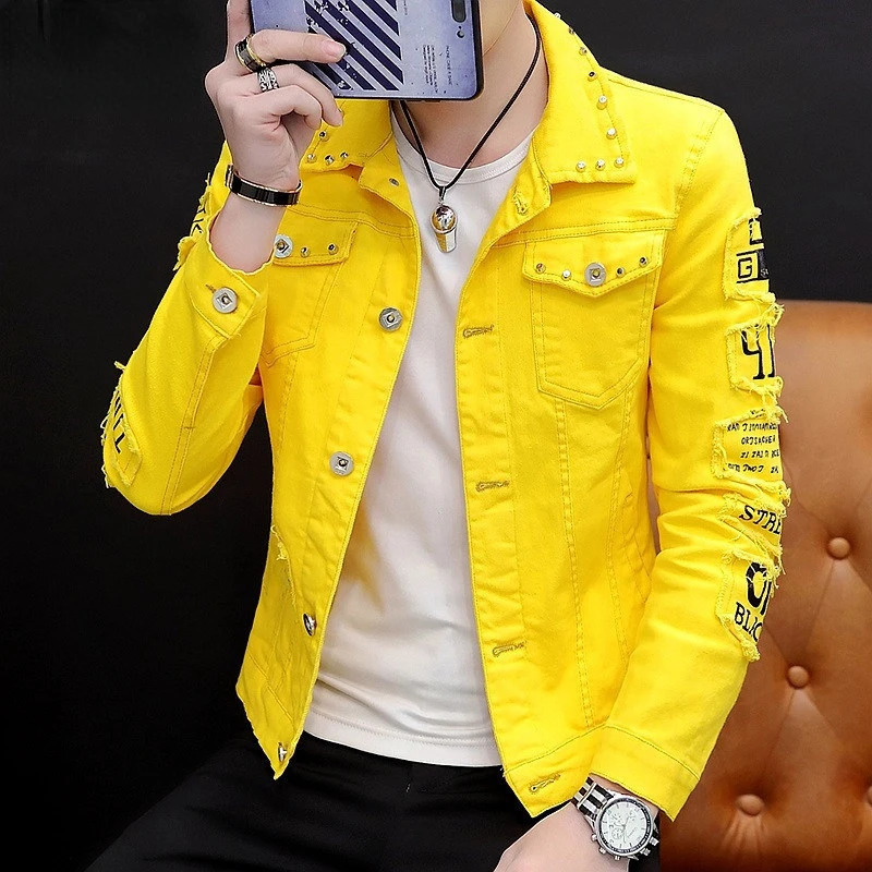 Mens Jacket Lapel Solid Rivet Denim Jacket korean fashion Casual Tight Coat Short Homme Varsity Jacket High-quality Men Clothing 261014