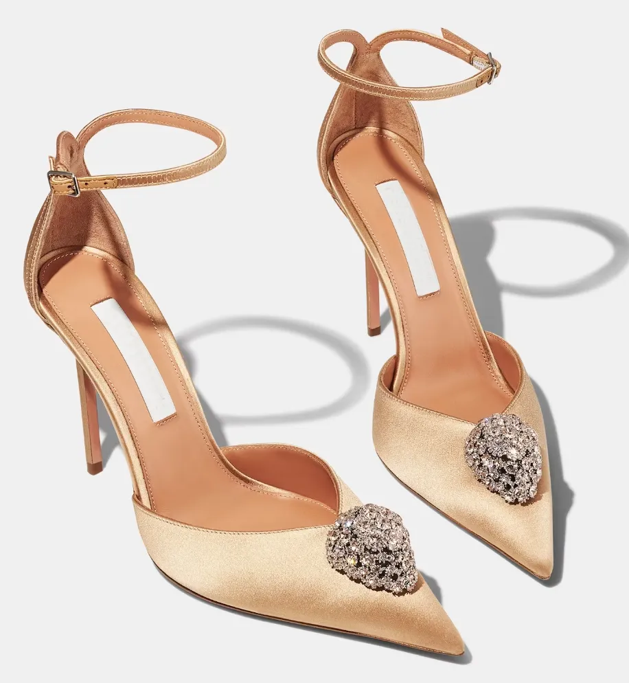 Luxury Design Women's Drop Crystal Pumps V-shaped Vamp Sandals Shoes Satin Pointed Toe High Heels Lady Wedding Dress Lady Walking EU35-43