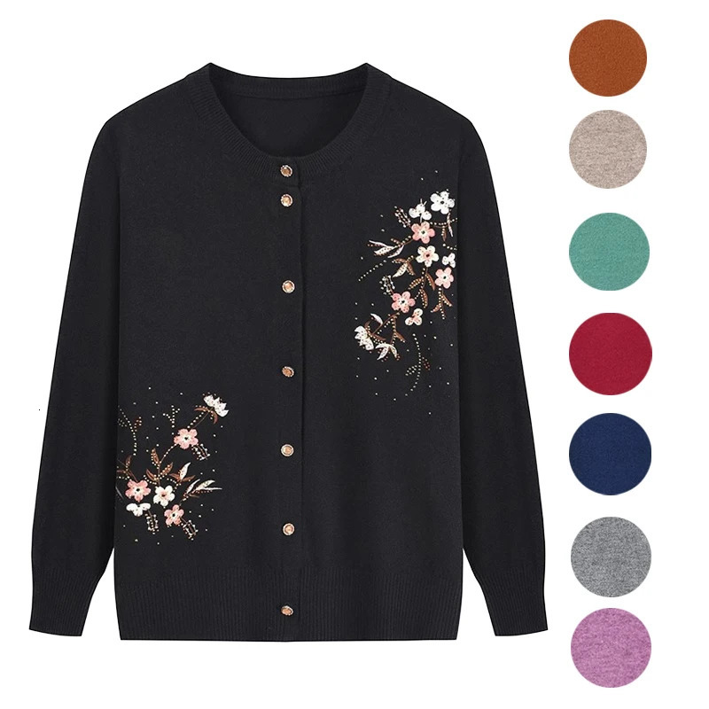 Printing Knitwears Grandma's Spring Autumn Sweater Coat Middle-Aged Mother Cardigan Embroidered Wool Knitting Top For Women 261015