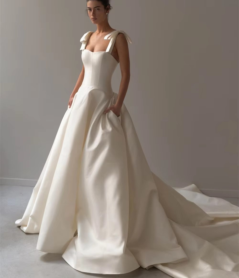 Simple Church Wedding Dress 2027 Sleeveless Bow Straps Satin Court Train Bridal Bride Gowns Party Vestidos De Novia