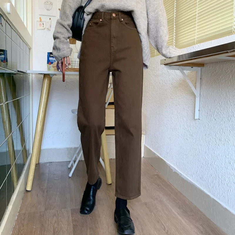 autumn Brown Straight Denim Vintage Slender Office Lady Jeans Women Trousers High Waist Large Size Pants Female KZ703 261016