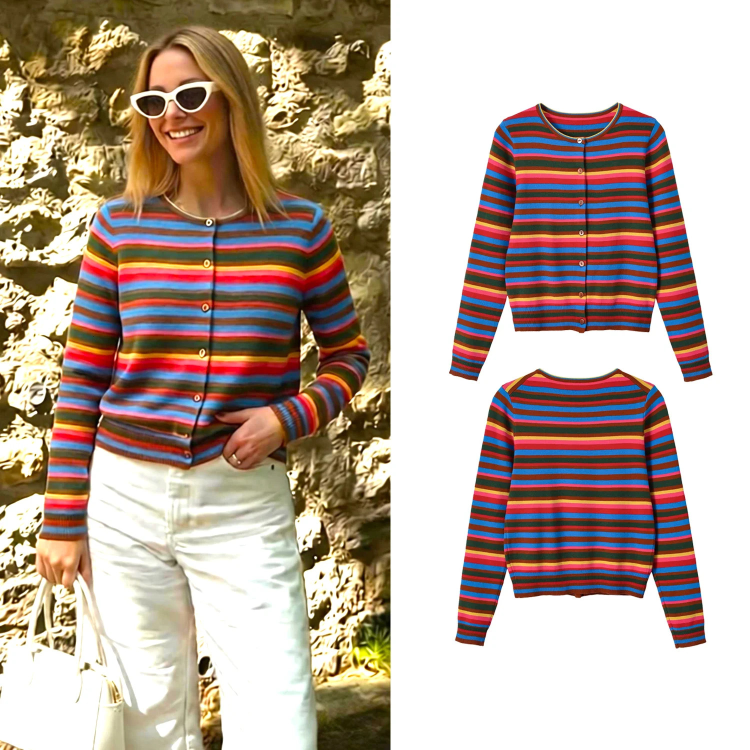 Women Retro Color Striped Knitted Cardigan Autumn Winter Female Long Sleeve Sweater Jacket Lady Rainbow Striped Sweater Coat 261015