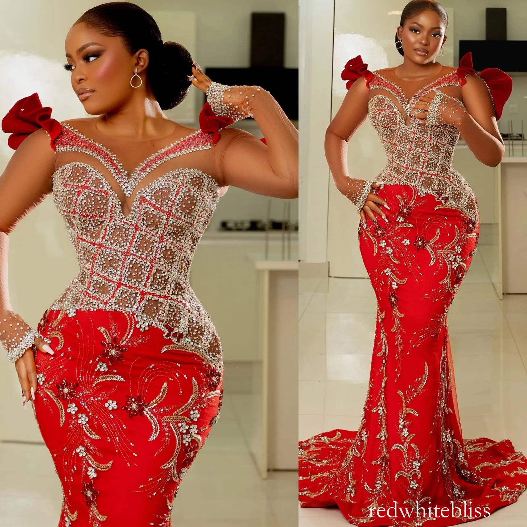 Plus Size Red Mermaid Prom Dresses For Special Occasions Luxurious Crystals Evening Formal Party Second Reception Birthday Engagement Gowns