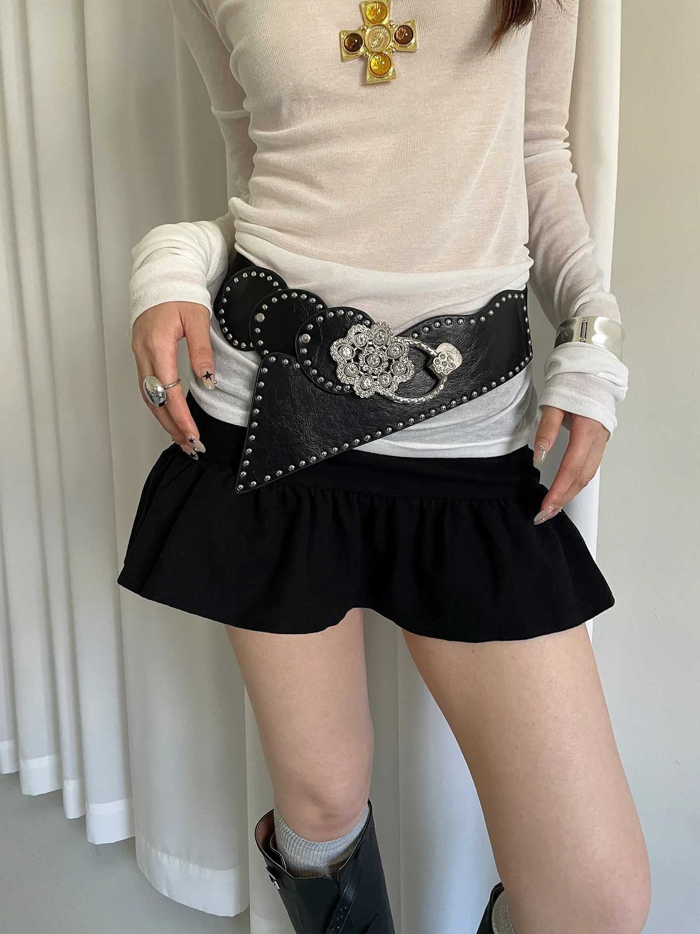 Industrial Punk Style Floral Heavy Inlaid Waist Belt For Women A Nie High-End Elastic Wide Waisand With Skirts Leather Belt M261016