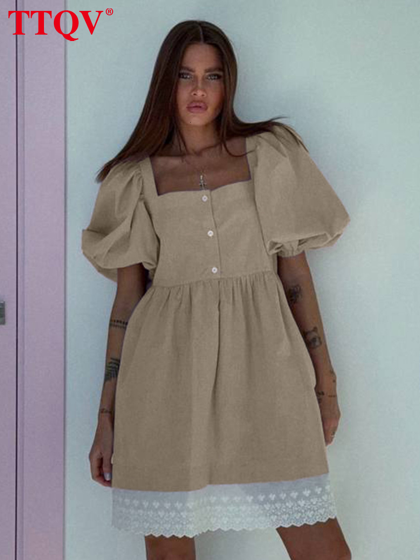 Summer Loose Khaki Cotton Women's 2026 Fashion Square Collar Short Sleeve Mini Dresses Elegant Patchwork Female Dress
