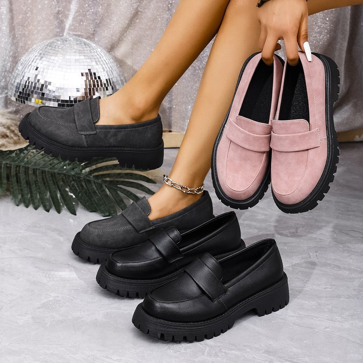 British casual loafers for women, featuring retro European and American design, available in plus size and thick high heels