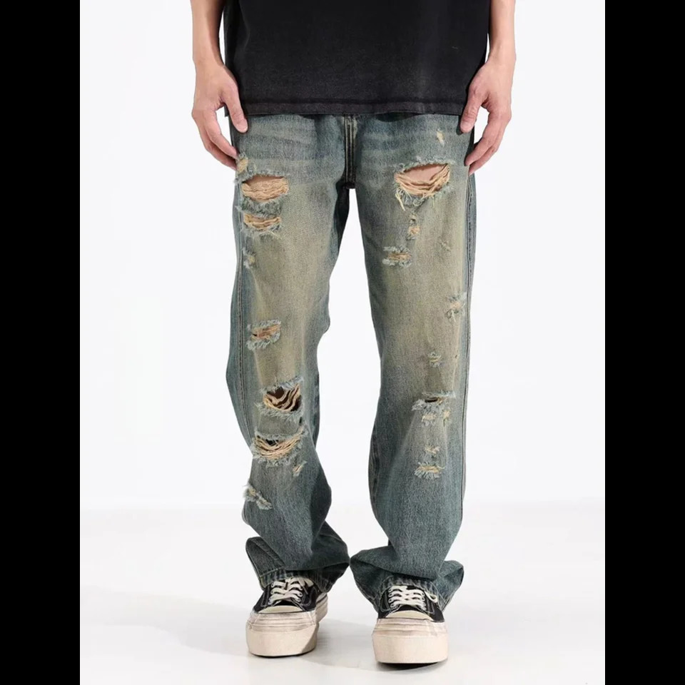 American Retro Washed Ripped Jeans for Men Spring and Autumn Trendy Loose Wide-Leg Straight Pants 261016
