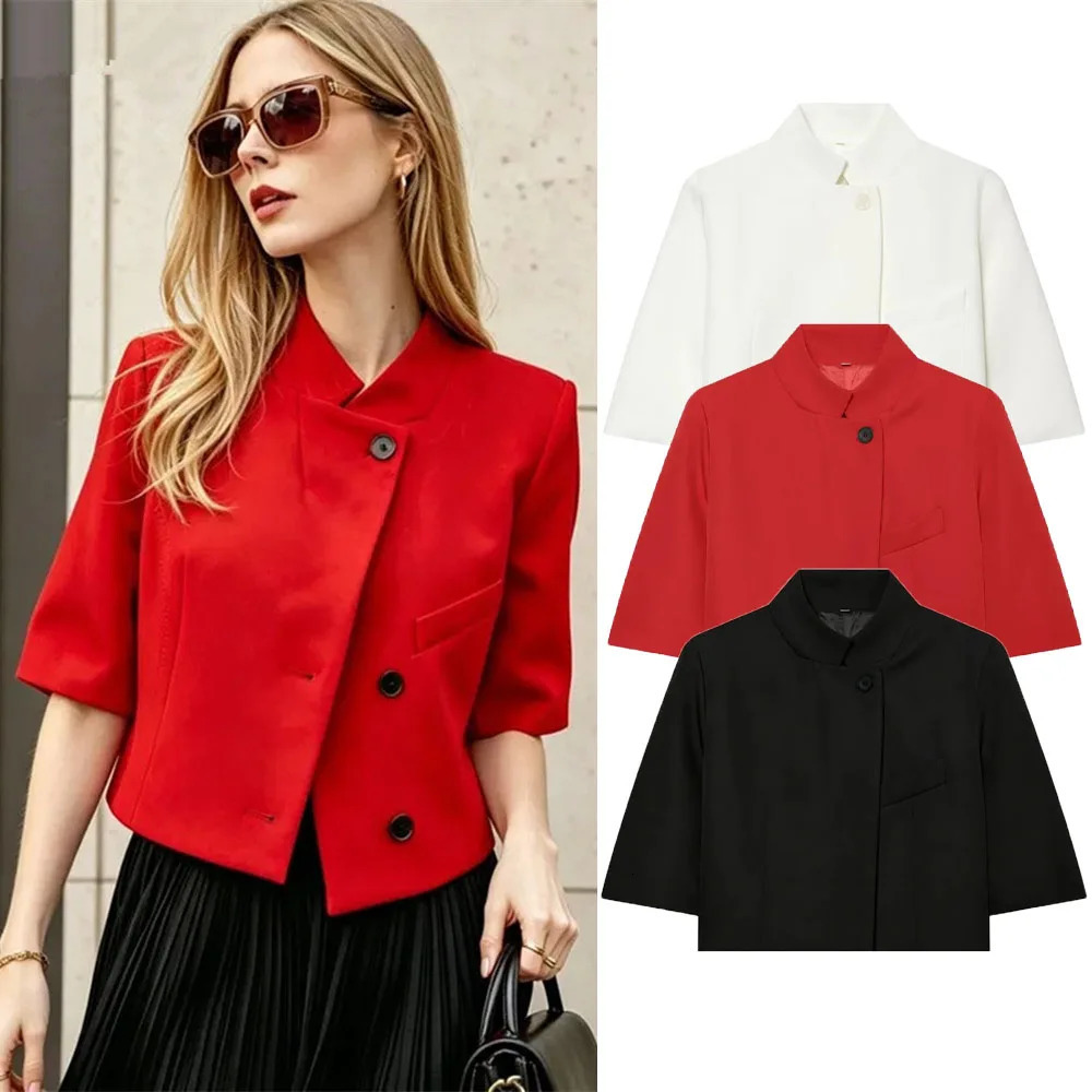 Ladies Commute Short Sleeve Blazer Women Summer Elegant Standup Collar Trendy High Street Casual Female 261015