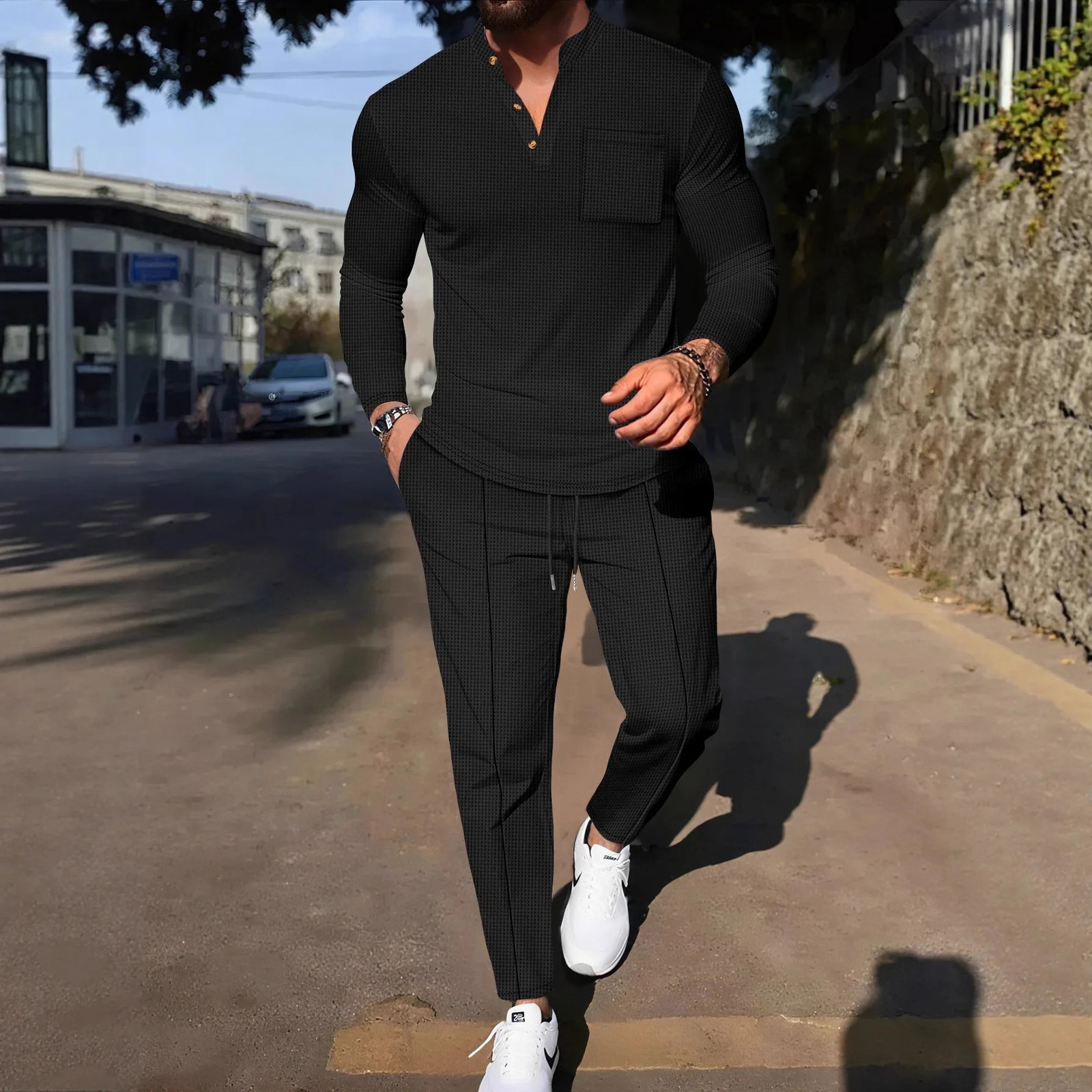 Men's Waffle Check Stand-Up Collar Semi-Casual Business Suit Button-Down Top with Comfortable Trousers Have 1/2 Pieces 261013