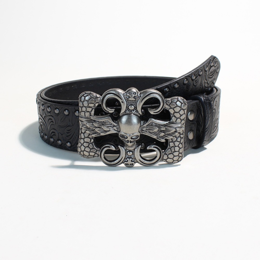 Designer Mens Black Embossed Faux Leather Belt Skull Wing Metal Pin Buckle Rivet Decor Waist Belt For Jeans Pants Gothic Streetwear Fashion Accessor