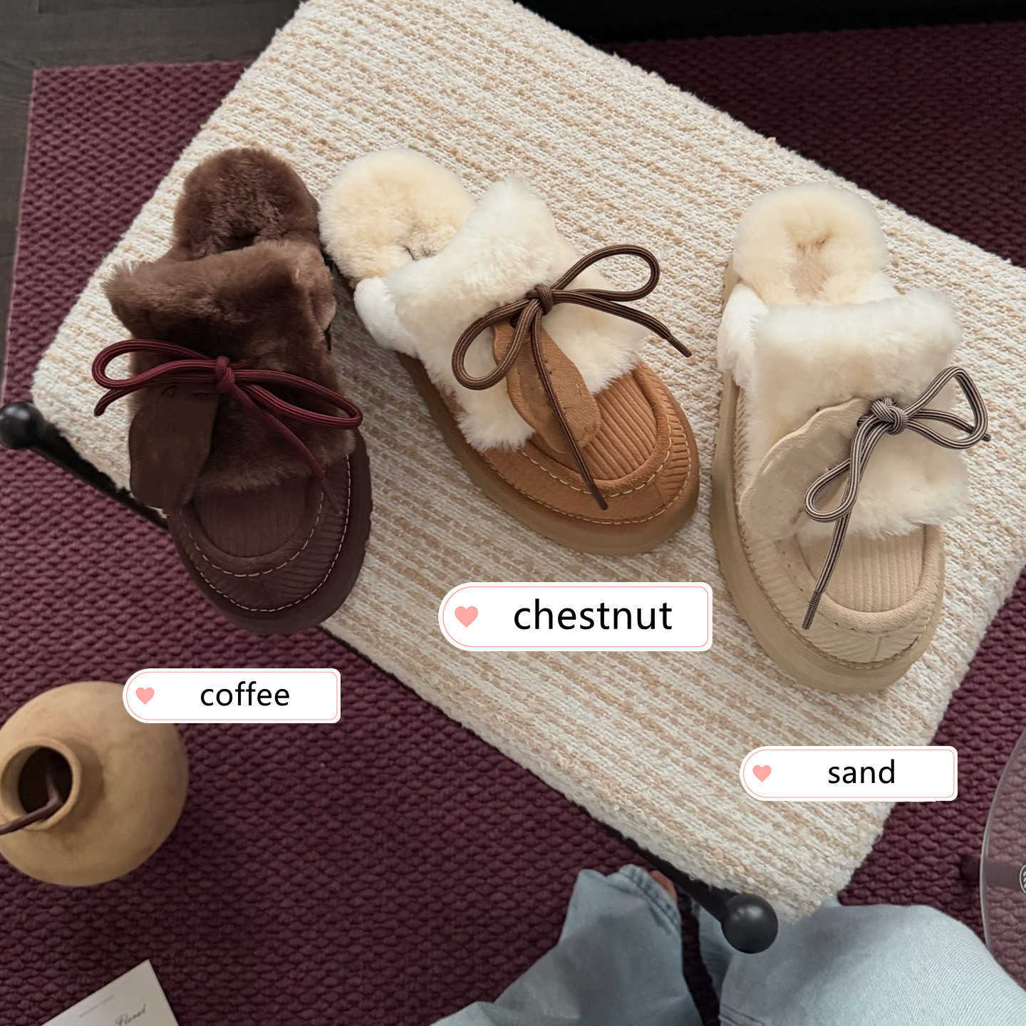 Winter New Sangpo Village 3cm Thick-Soled Suede Bow Slippers with Fur Lining for Women