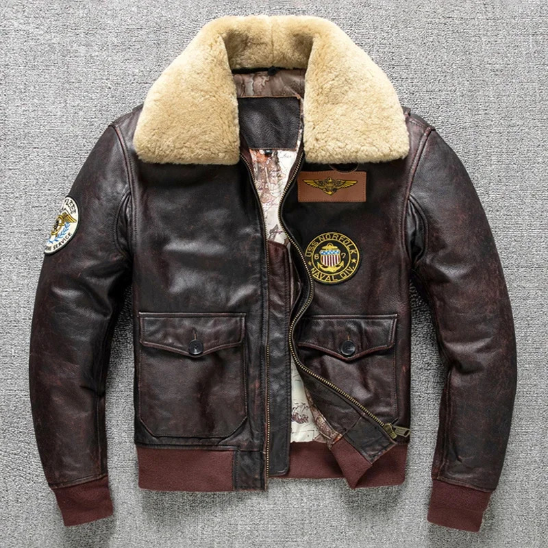 Air Force Flight Jacket Fur Collar Genuine Top Layer Cow Leather Jacket Men Brown Cowhide Men's Winter Military G1 Jacket 6XL 261012