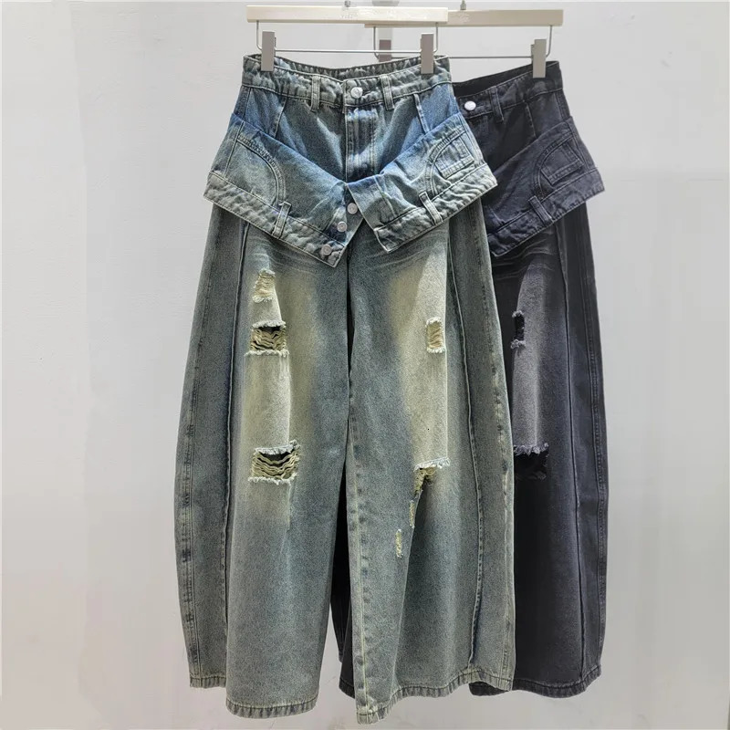 Vintage Jean Hole Pants Streetwear High Waist Loose Distressed Pockets Denims Pant Lady Wide Leg Trousers Summer 2026 260911