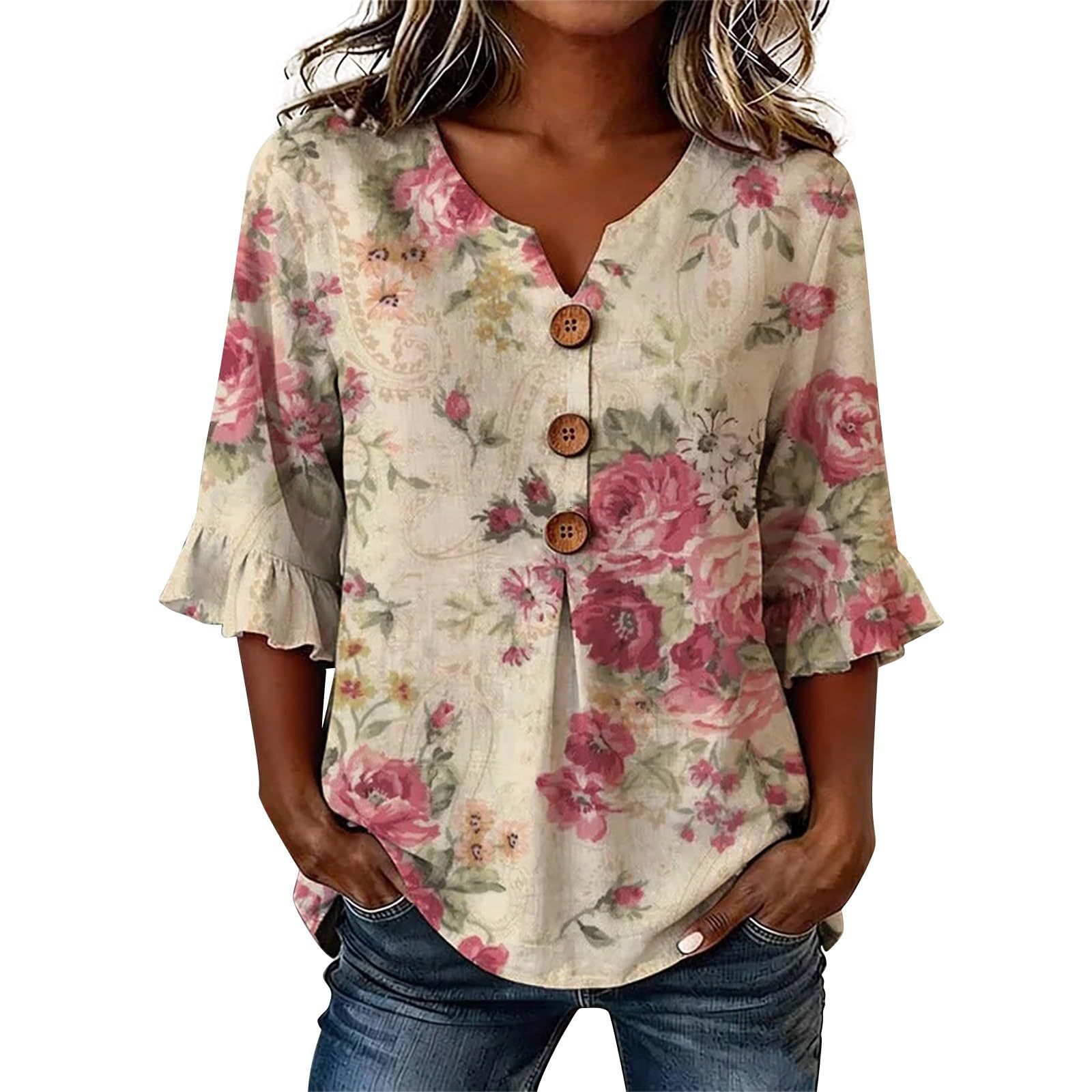 2026 New Foreign Trade Product: Digital Print Floral Pattern Women's Mid-Sleeve Button-Down Shirt, Bohemian Style Free Shipping