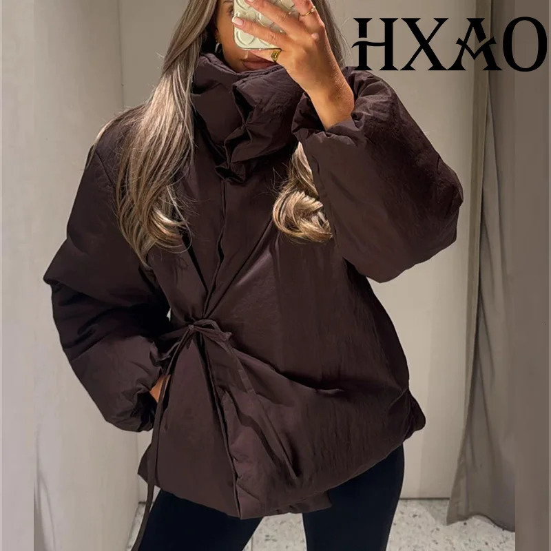 HXAO Womens Winter Jacket Parkas Padding Quilted Jacket Woman Warm High Neck Short Padded Jacket Tied Long Sleeve Coat Ladies 261016