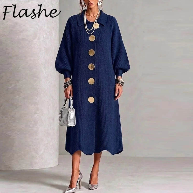 Fashion Women Solid Knit Cardigan Dress Lapel Collar Puff Lantern Long Sleeve Button Maxi Autumn Winter Shirt Dresses Blue 261015