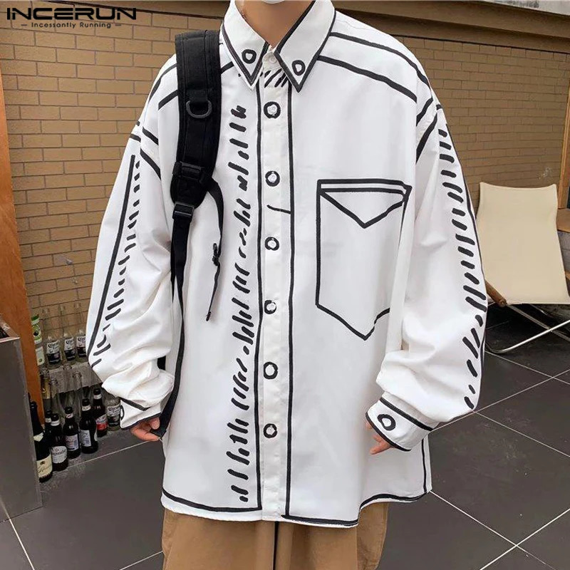 INCERUN Handsome Men Tops Manga Cartoon Printed Line Shirt Fashion Male Streetwear Loose Long Sleeved Blouse S-5XL 261015