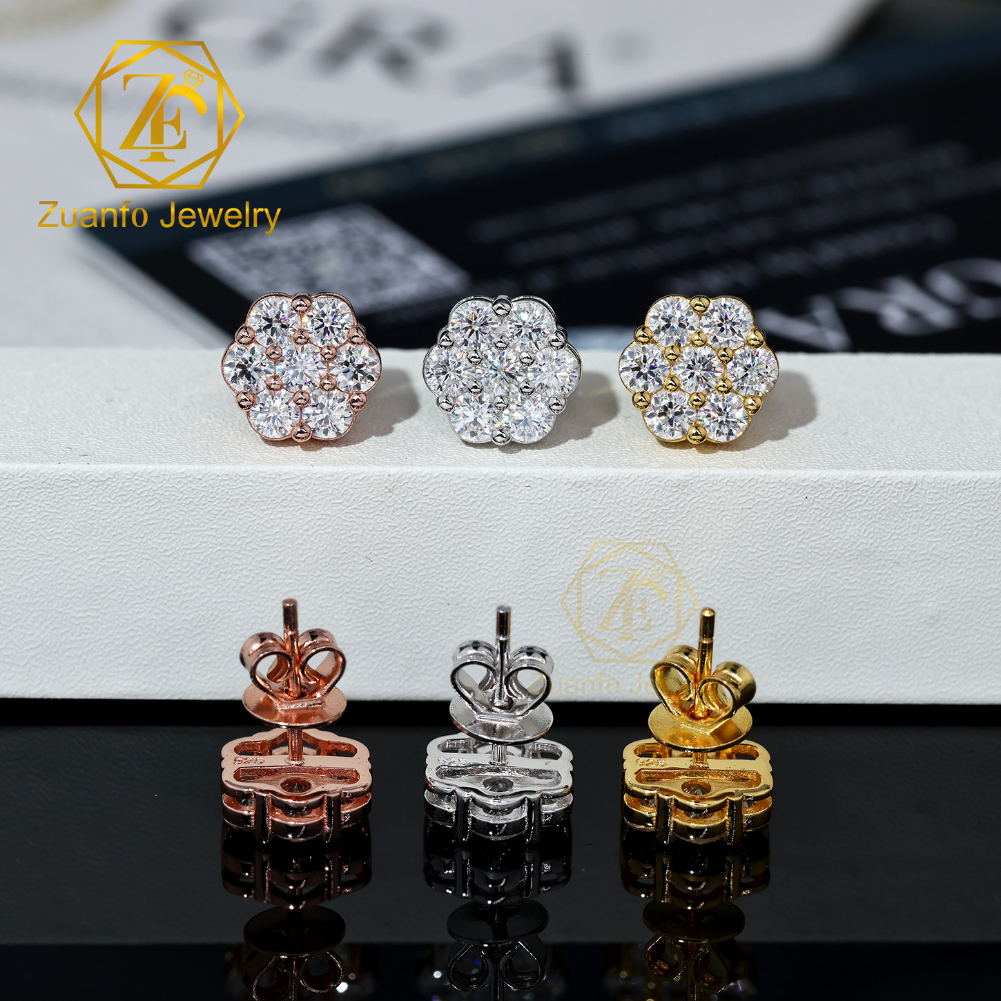 18K Gold Plated 925 Sterling Silver Moissanite Stud Earrings Push Back Round Cut D Color Vvs1 Flower Earrings for Women Men