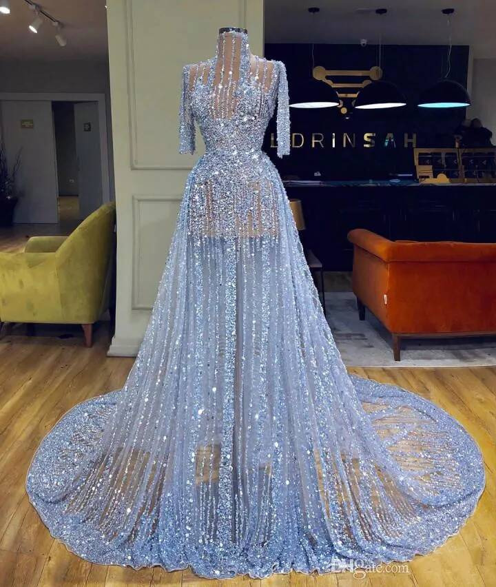 High Neck Sparkly A Line Prom Dresses Luxury Half Sleeve Beaded Evening Plus Size Sequined Formal Party Pageant Gown