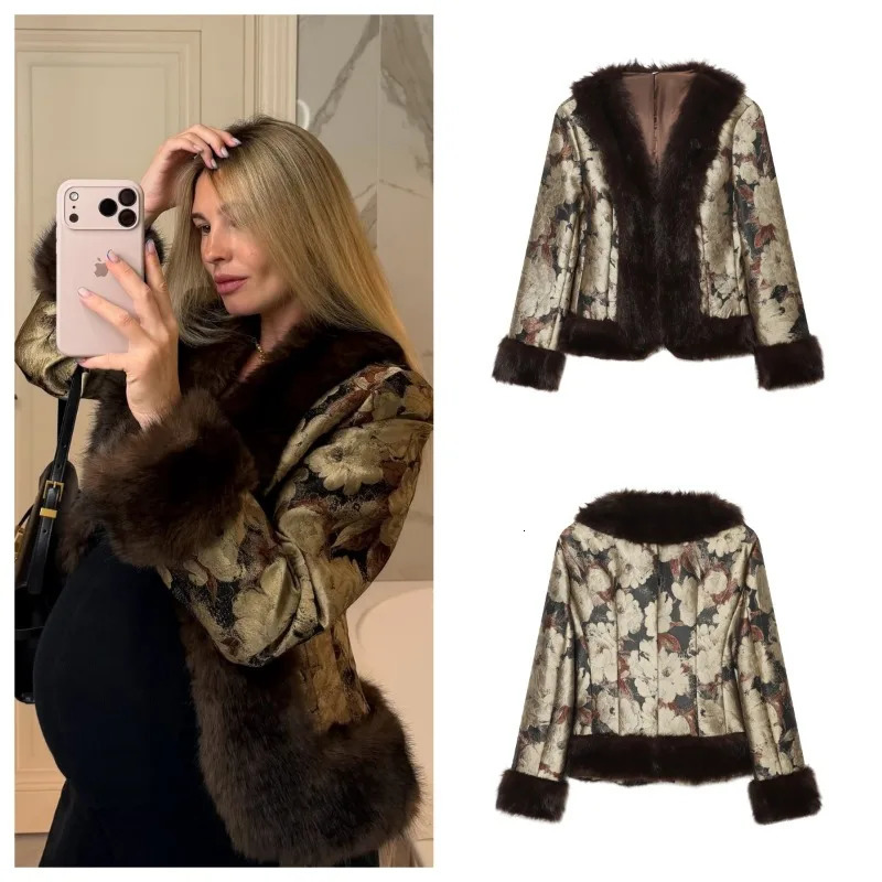 Guobioziy Women Vintage Floral Jacquard Faux Fur Trim Cropped Coat V Neck Single Button Long Furry Cuff Winter Warm Party Jacket 261016