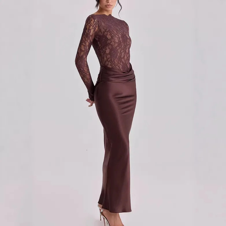Sexy Women Lace Patchwork Long Sleeve Maxi Dress Elegant Satin Bodycon Evening Party Prom Dress Formal Wedding 261014