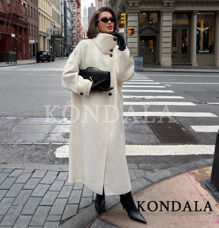 KONDALA Trendy Stand-up Collar Tweed Long Coat Women High Street Outwear Buttons Coat Fall Winter Fashion Elegant Chic Coat 261016