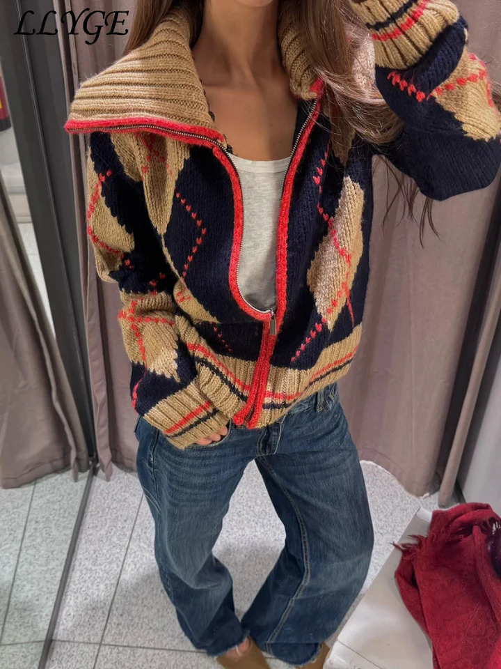 Casual Womens Knit Plaid Contrast Cardigans Loose Lapel Full Sleeve Zipper Female Sweater 2026 Autumn Winter Lady Knitwear 261016