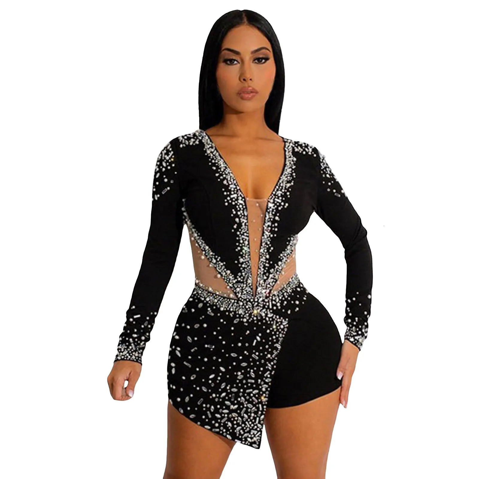 Women Glitter Rhinestone Sequins Formal Romper Clubwear Party Long Sleeve Deep V-Neck Mesh Sexy Playsuit One-Piece Jumpsuit 261015