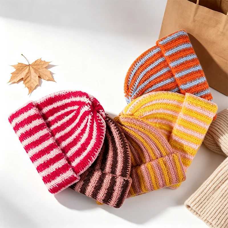 Beanie/Skull Caps Striped Knitted Beanie Hat Women Men Soft Warm Cuffed Winter Hat Colorful Stretchy Skull Cap for Outdoor Casual Daily WearT261017