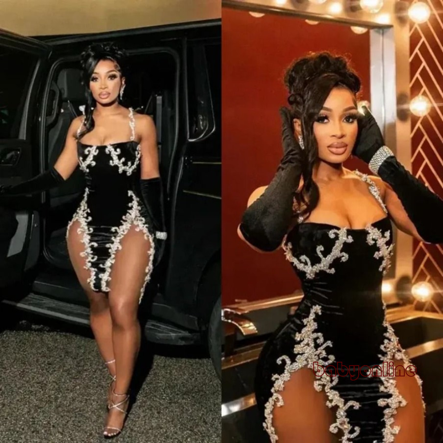 Sexy Black Short Cocktail Dresses for Women Mini Prom Dresses Spaghetti Straps Illusion Beads Appliques Women Birthday Party Gala Evening Wears BC22