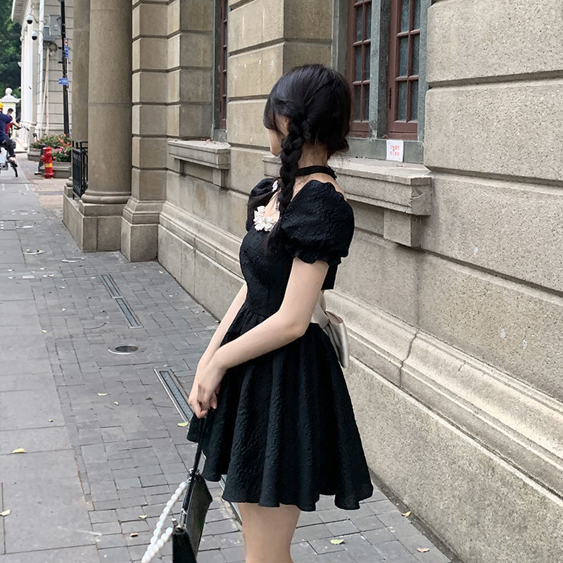 Sexy Backless Bow Dresses Women Summer Fashion High Waist Puff Sleeve Vestidos Vintage Lolita Style Square Collar A-line Dress