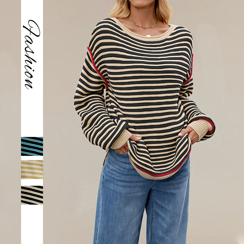 2026 New r Bestseller Autumn/Winter European and American Women's Striped Knit Pullover Loose Long-Sleeve Sweater