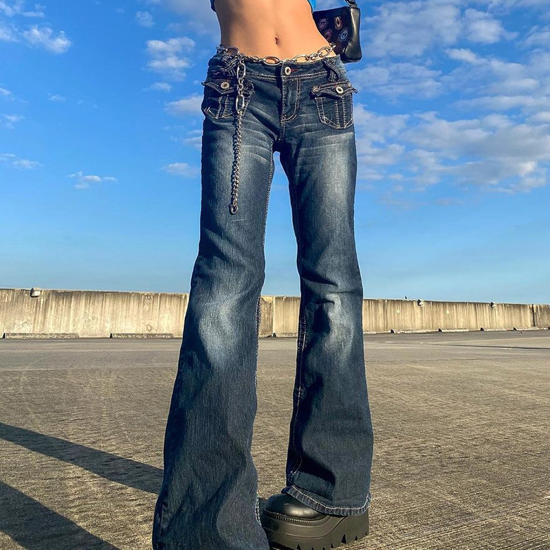 Women Low Waist Pocket Jeans Retro Distressed Denim Pants Ins Style Hot Girl Look European American Autumn Casual Street Style Daily Wear Versatile
