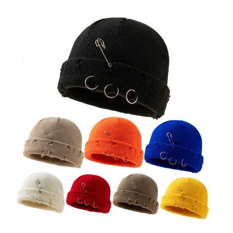 Beanie/Skull Caps Distressed Cuffed Knit Beanie Metal Ring Safety Pin Ornament Y2K Punk Short Skull Hat for Music Festival Street Shooting WearT2610