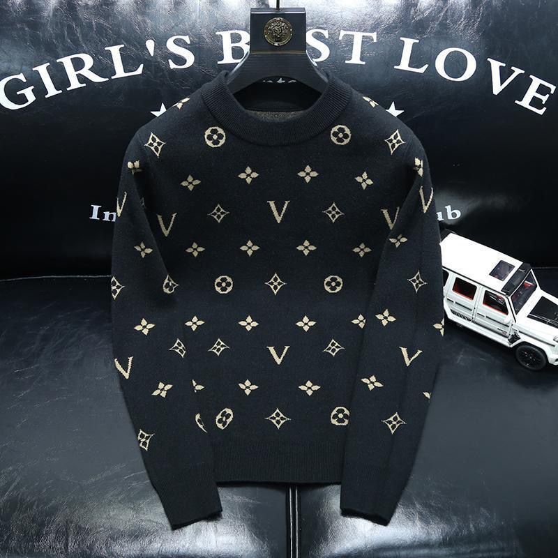 Trendy brand sweater men's spring high-end European casual crew neck jacquard slim bottom T-shirt men